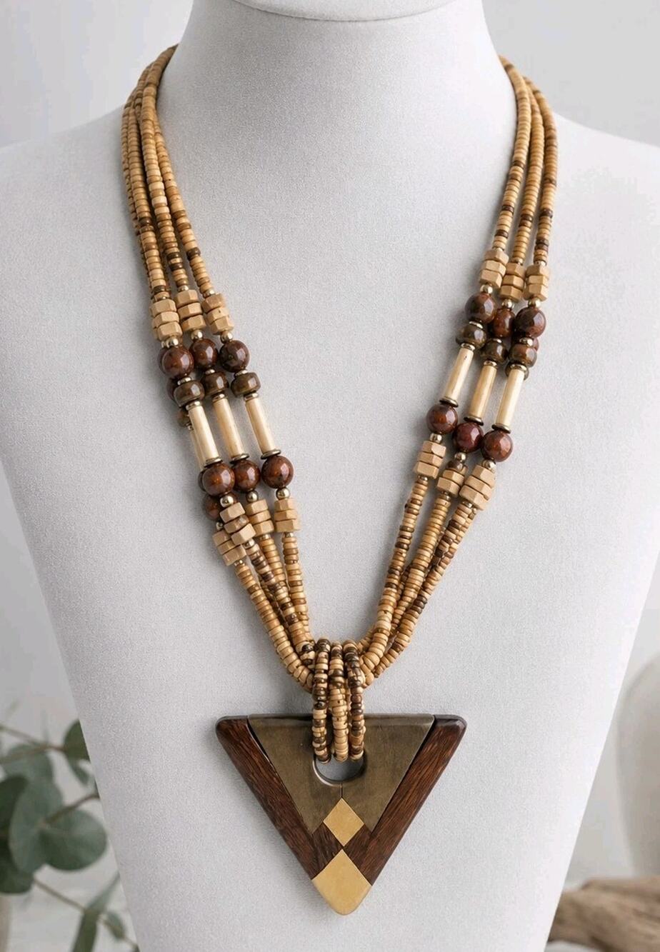 Vtg Boho Wood Beaded Statement Necklace Chunky Tribal Pendant Earth Tone